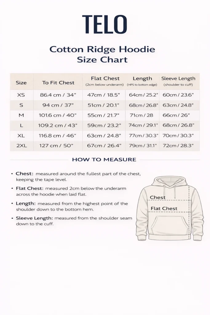 TELO size chart for accurate fit and body measurements