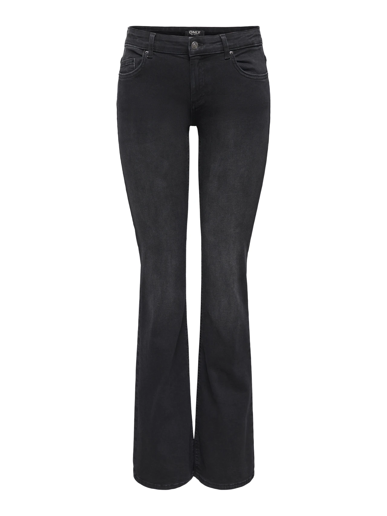 Only women black mid flare denim jeans with flattering fit, authentic leftover stock at Telo.pk