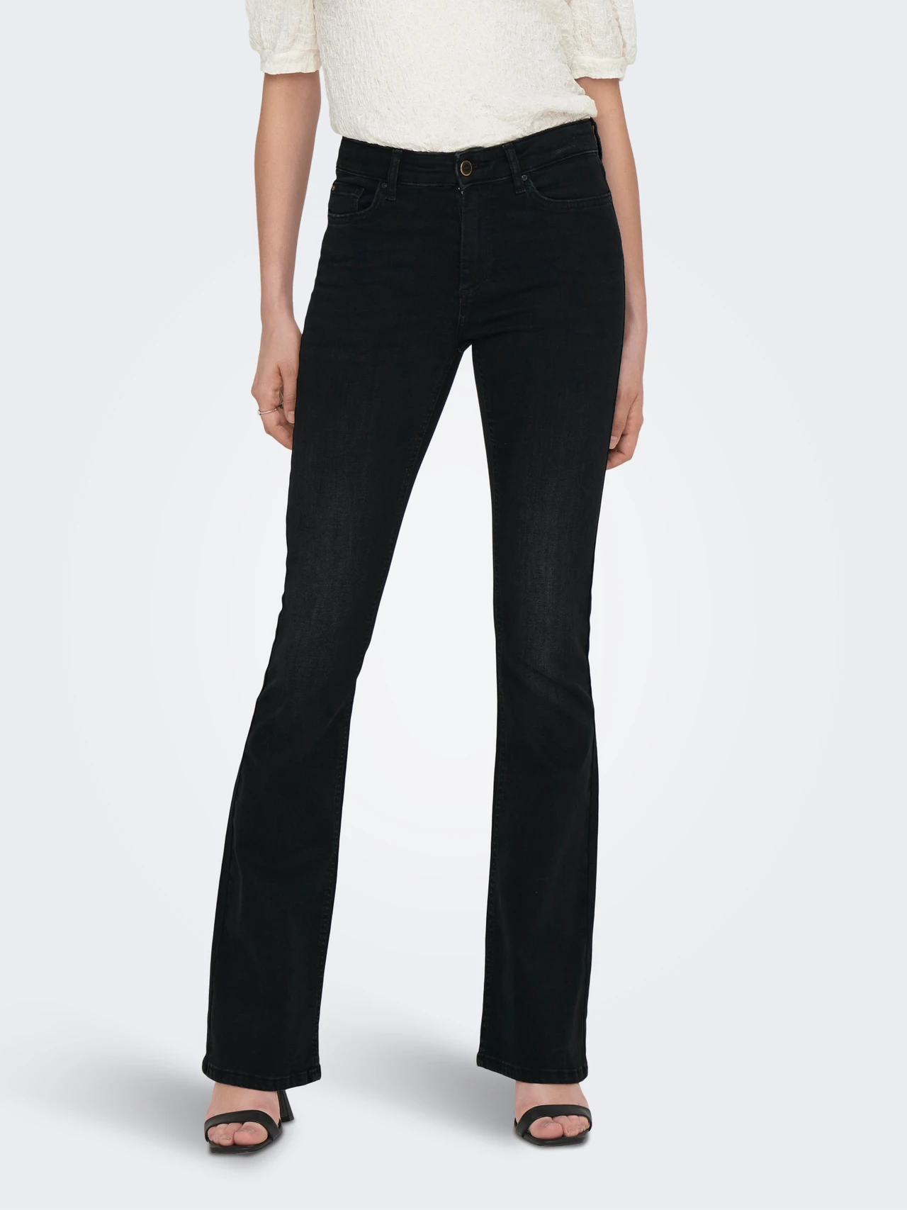 Only women black mid flare denim jeans with flattering fit, authentic leftover stock at Telo.pk