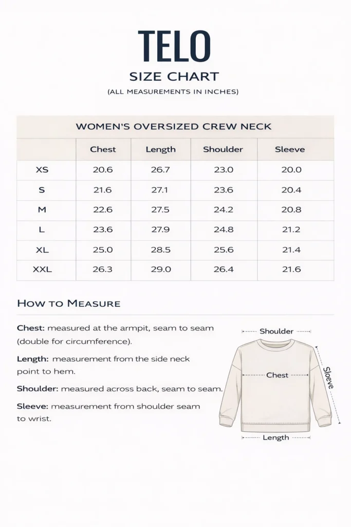 TELO t-shirt size chart for accurate fit and body measurements