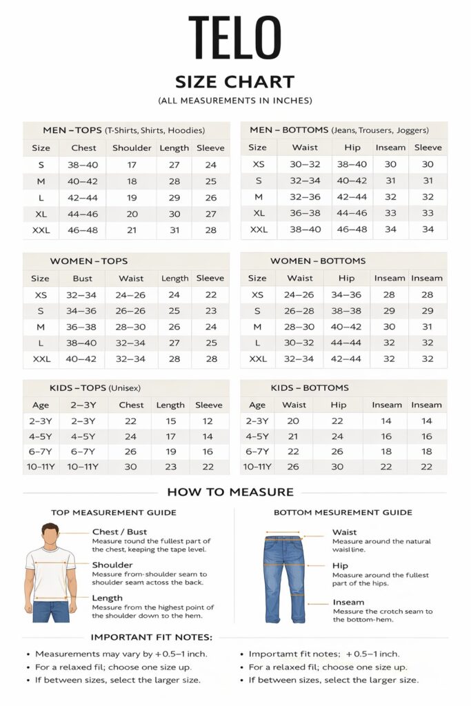 TELO size chart for accurate fit and body measurements