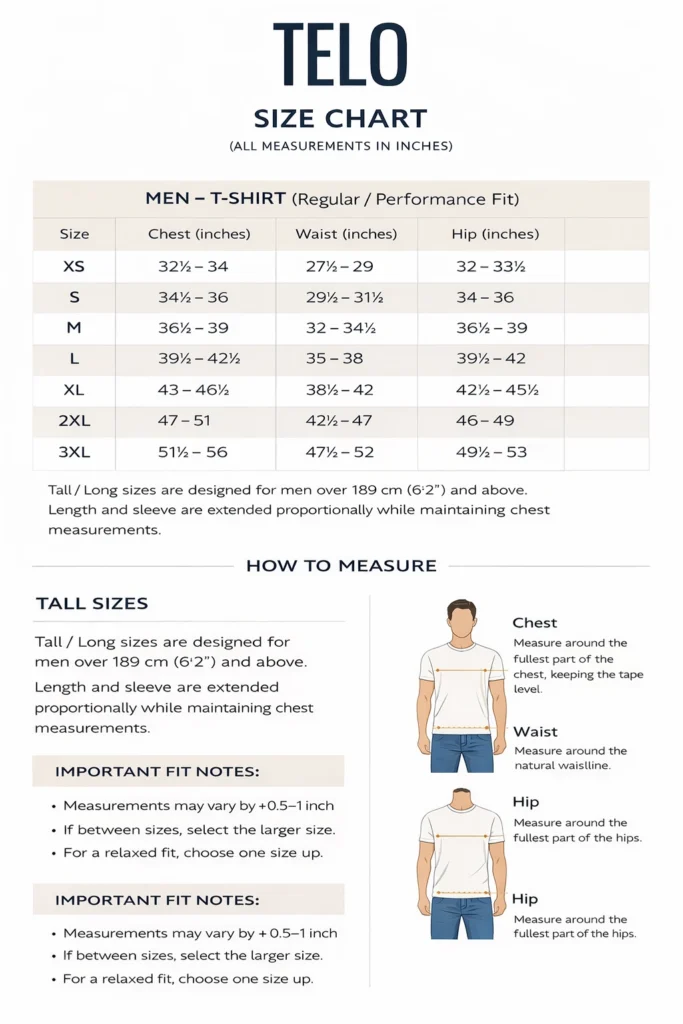 TELO t-shirt size chart for accurate fit and body measurements