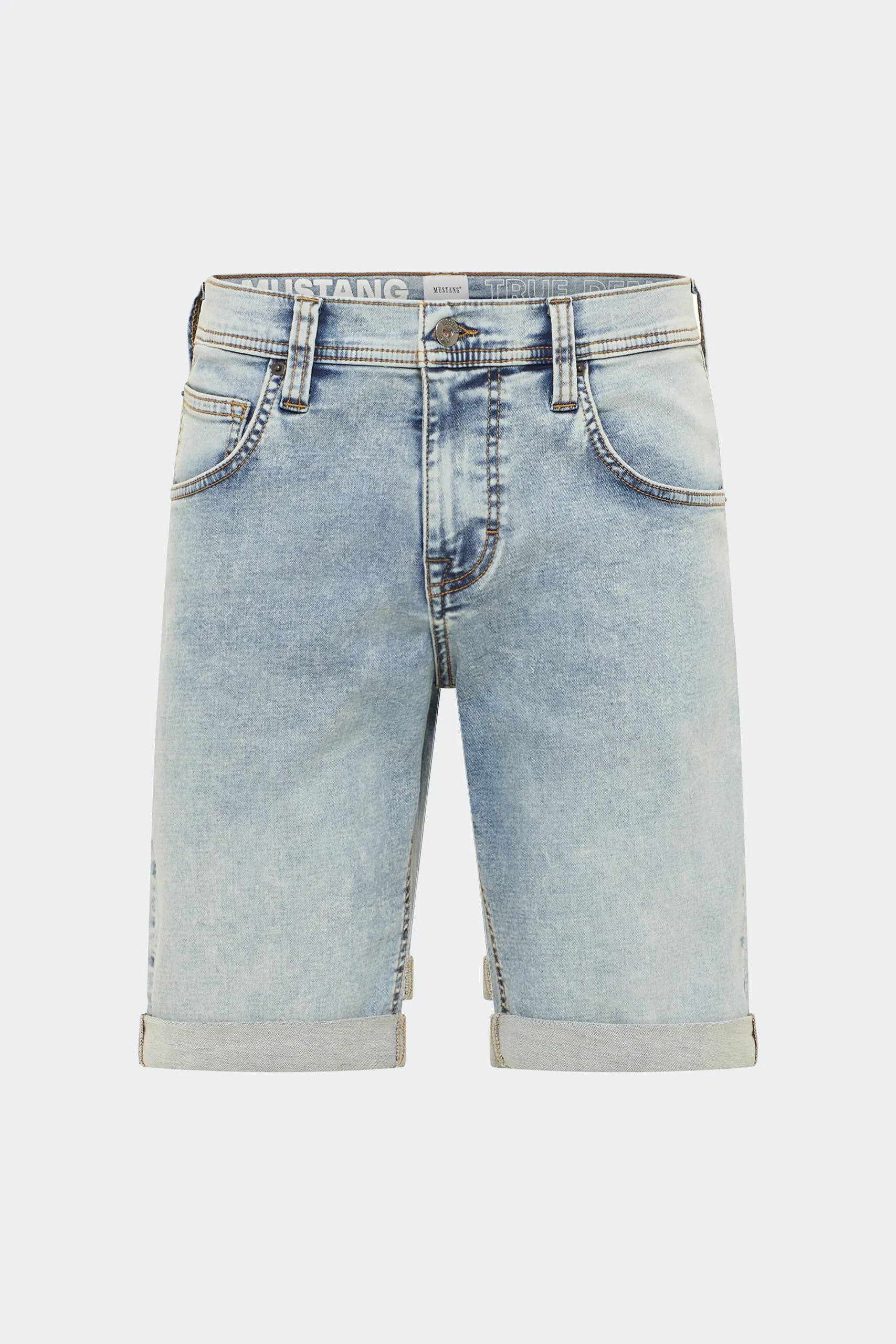 Men’s ice blue denim shorts with rolled hem