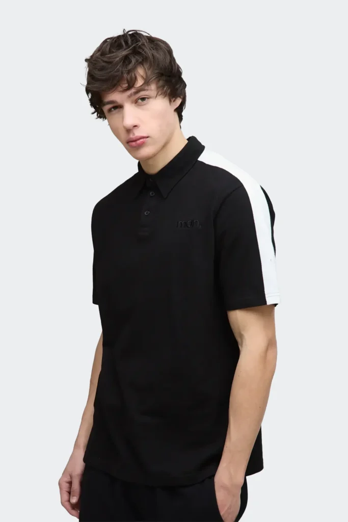 boohooMAN tall slim fit pique colour block polo shirt for men