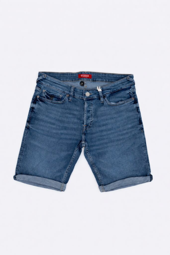 Guess men’s stonewashed blue denim shorts with rolled hem and classic five pocket design
