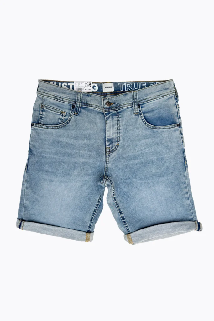 Men’s mid blue denim shorts with rolled hem