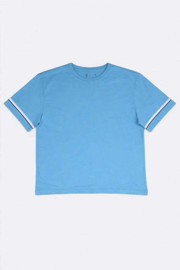 Women’s light blue cotton t-shirt with contrast sleeve detailing and soft breathable fabric